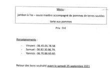 Repas à emporter réservation avant le 25 septembre